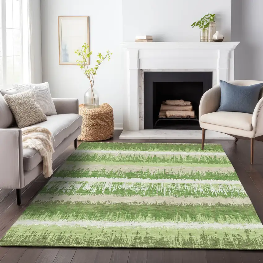 Green Beige And Ivory Striped Washable Indoor Outdoor Area Rug Photo 8