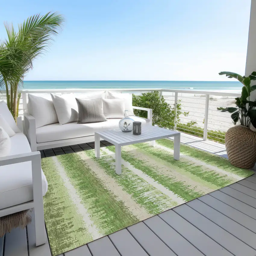 Green Beige And Ivory Striped Washable Indoor Outdoor Area Rug Photo 9