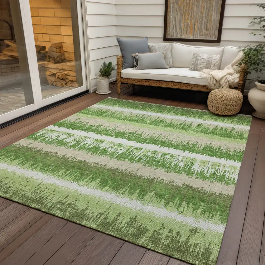 Green Beige And Ivory Striped Washable Indoor Outdoor Area Rug Photo 7