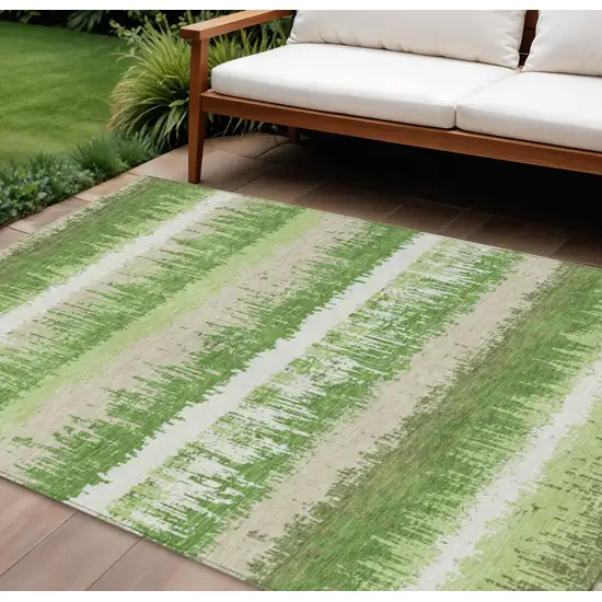 Green Beige And Ivory Striped Washable Indoor Outdoor Area Rug Photo 1
