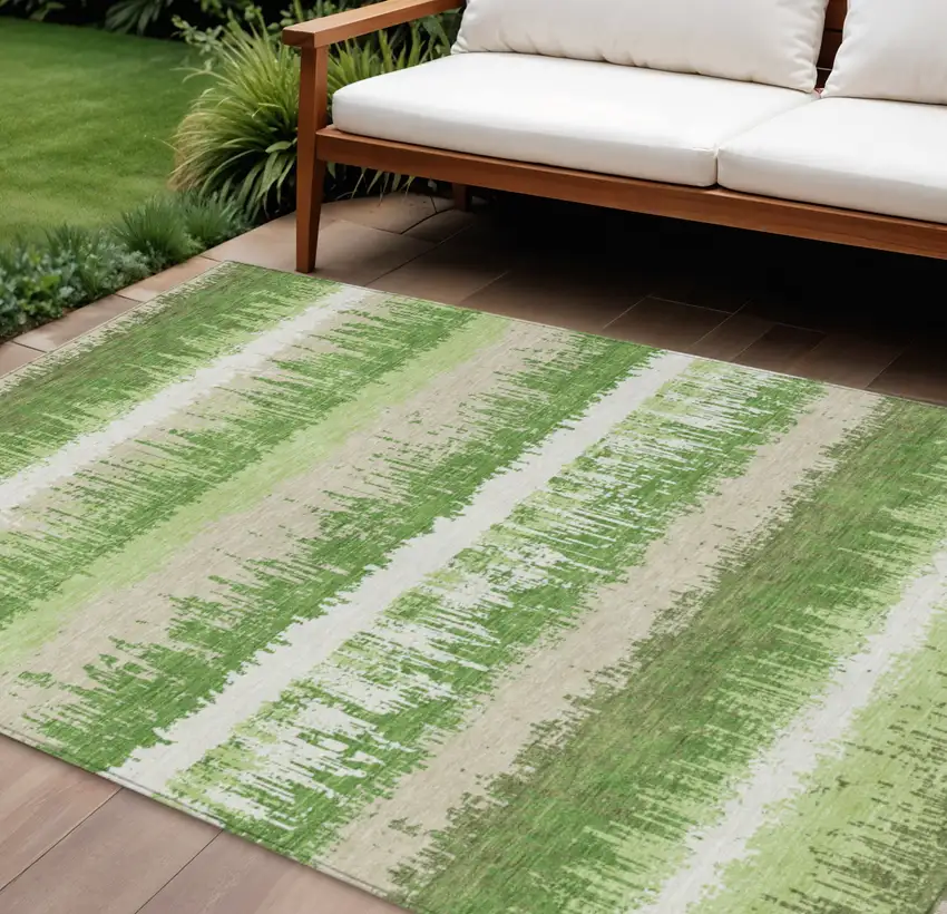 Green Beige And Ivory Striped Washable Indoor Outdoor Area Rug Photo 1