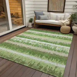 Photo of Green Beige And Ivory Striped Washable Indoor Outdoor Area Rug