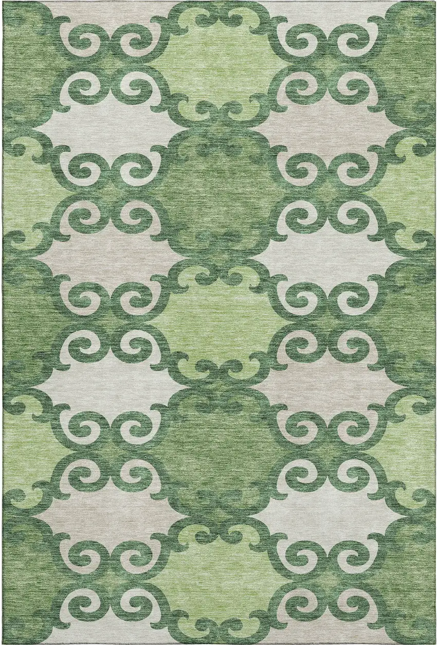 Green Beige And Ivory Trellis Washable Area Rug With UV Protection Photo 1