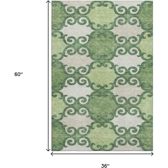 Green Beige And Ivory Trellis Washable Area Rug With UV Protection Photo 3