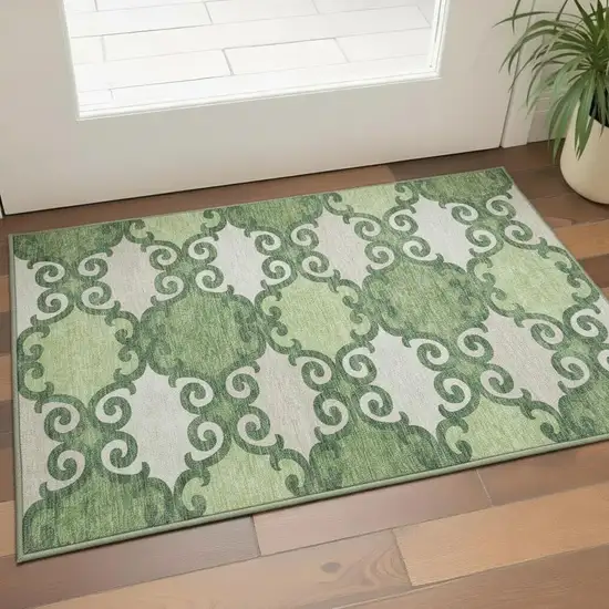 Green Beige And Ivory Trellis Washable Area Rug With UV Protection Photo 2