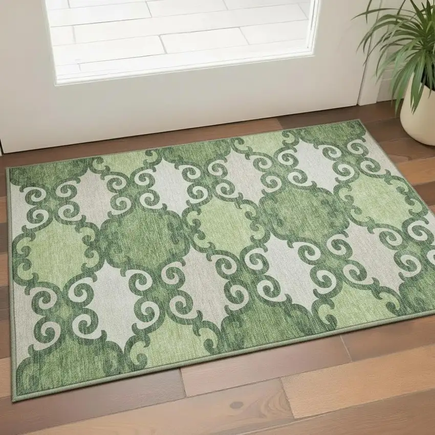 Green Beige And Ivory Trellis Washable Area Rug With UV Protection Photo 2