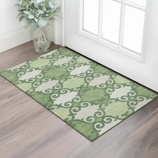 Green Beige And Ivory Trellis Washable Area Rug With UV Protection Photo 1