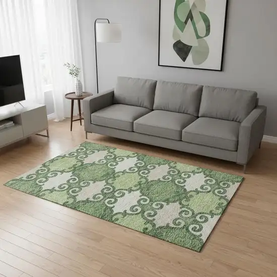 Green Beige And Ivory Trellis Washable Area Rug With UV Protection Photo 2