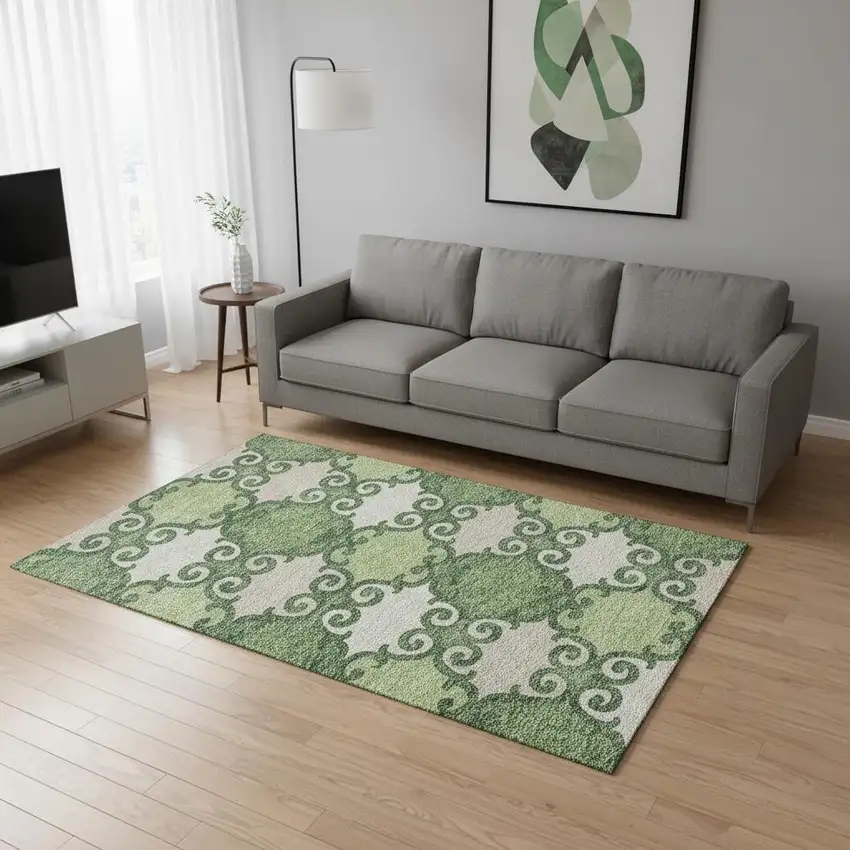 Green Beige And Ivory Trellis Washable Area Rug With UV Protection Photo 2