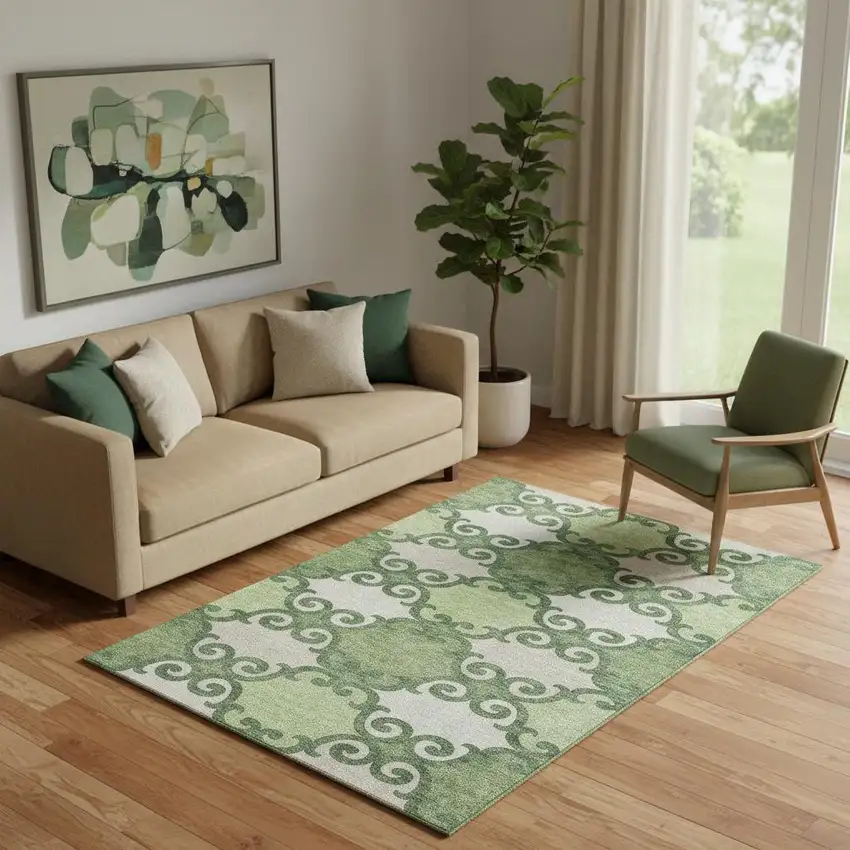 Green Beige And Ivory Trellis Washable Area Rug With UV Protection Photo 1