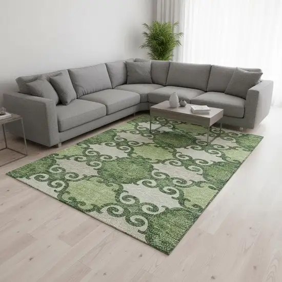 Green Beige And Ivory Trellis Washable Area Rug With UV Protection Photo 2