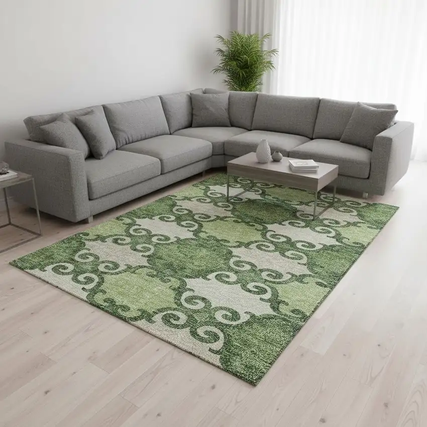 Green Beige And Ivory Trellis Washable Area Rug With UV Protection Photo 2