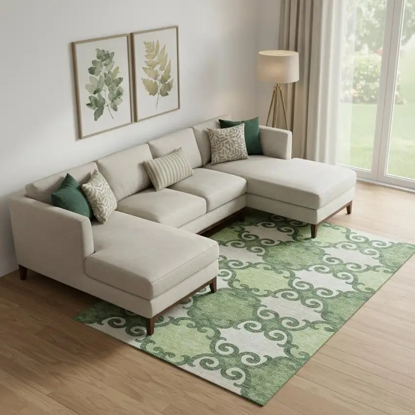 Green Beige And Ivory Trellis Washable Area Rug With UV Protection Photo 1