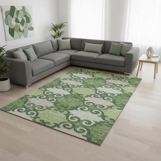 Green Beige And Ivory Trellis Washable Area Rug With UV Protection Photo 2