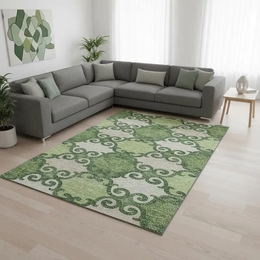 Green Beige And Ivory Trellis Washable Area Rug With UV Protection Photo 2