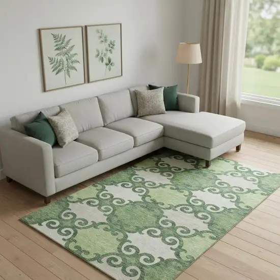 Green Beige And Ivory Trellis Washable Area Rug With UV Protection Photo 1