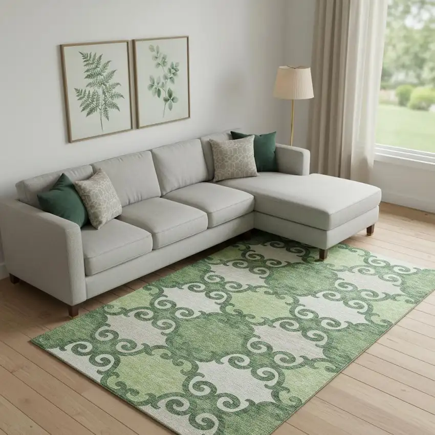 Green Beige And Ivory Trellis Washable Area Rug With UV Protection Photo 1