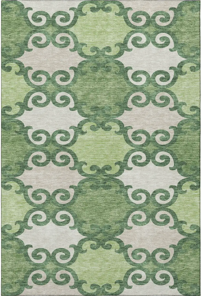 Green Beige And Ivory Trellis Washable Area Rug With UV Protection Photo 4