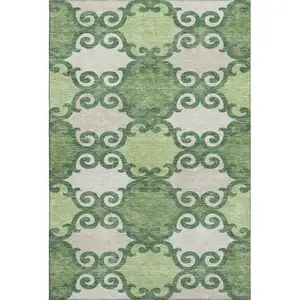 Photo of Green Beige And Ivory Trellis Washable Area Rug With UV Protection