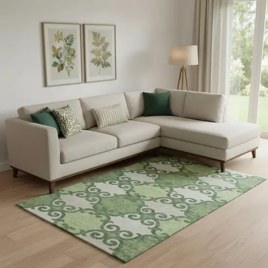 Green Beige And Ivory Trellis Washable Area Rug With UV Protection Photo 1