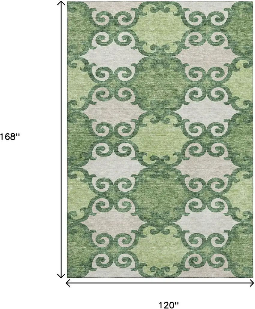 Green Beige And Ivory Trellis Washable Area Rug With UV Protection Photo 9