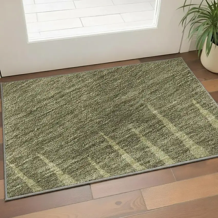 Green Beige And Sage Striped Washable Area Rug With UV Protection Photo 2