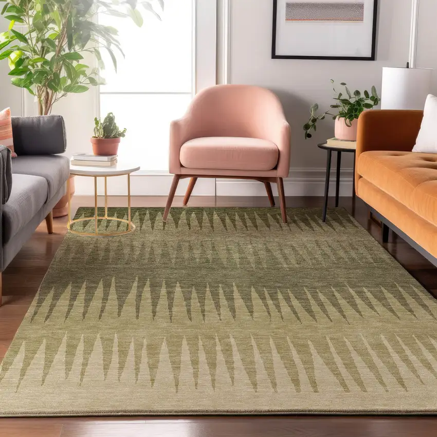 Green Beige And Sage Striped Washable Area Rug With UV Protection Photo 4