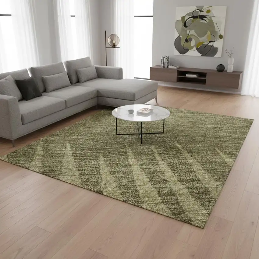 Green Beige And Sage Striped Washable Area Rug With UV Protection Photo 2