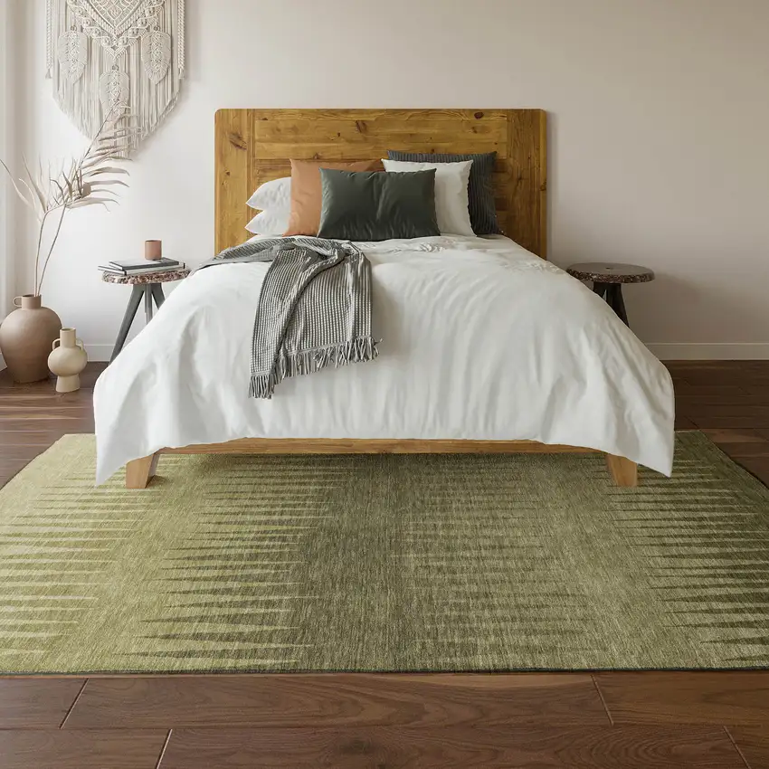 Green Beige And Sage Striped Washable Area Rug With UV Protection Photo 5