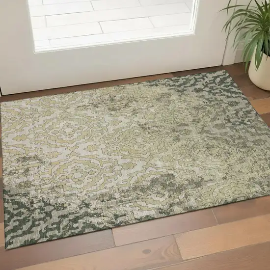 Green Beige And Taupe Medallion Washable Area Rug With UV Protection Photo 1