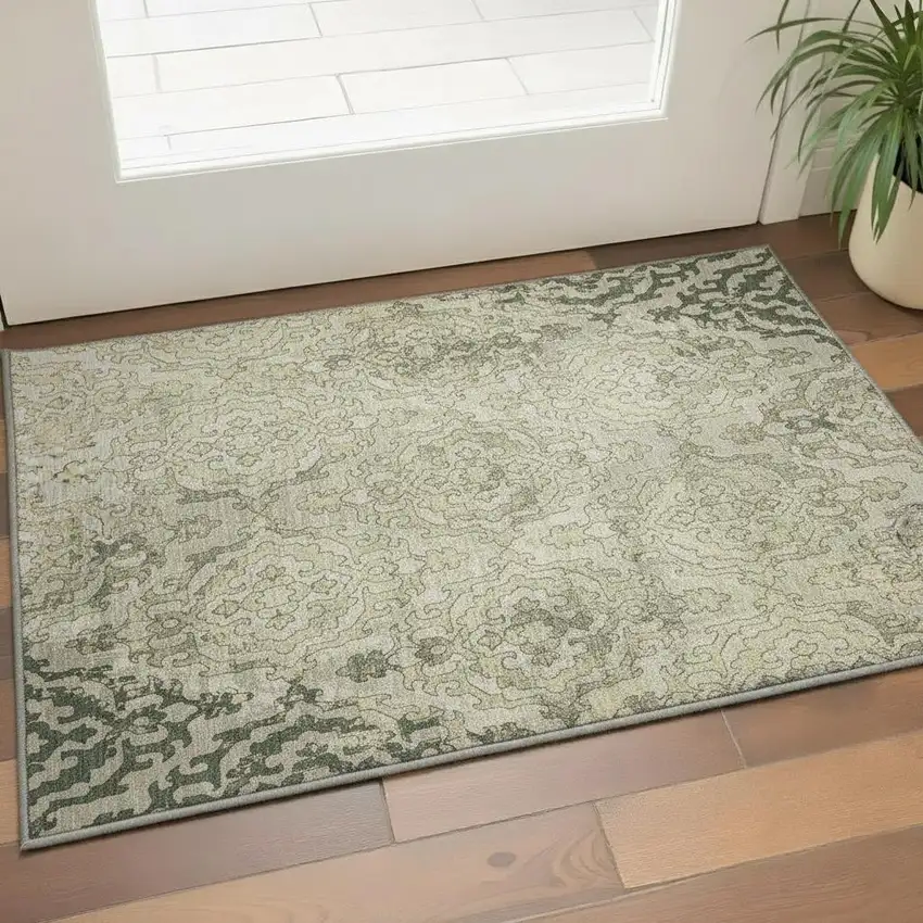 Green Beige And Taupe Medallion Washable Area Rug With UV Protection Photo 1