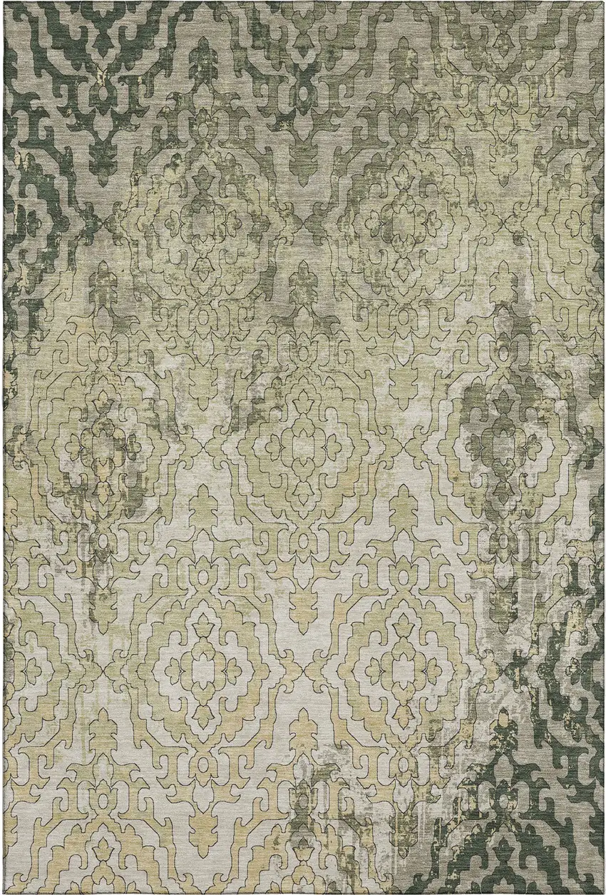 Green Beige And Taupe Medallion Washable Area Rug With UV Protection Photo 2