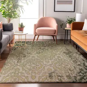 Photo of Green Beige And Taupe Medallion Washable Area Rug With UV Protection