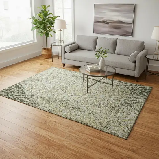 Green Beige And Taupe Medallion Washable Area Rug With UV Protection Photo 1