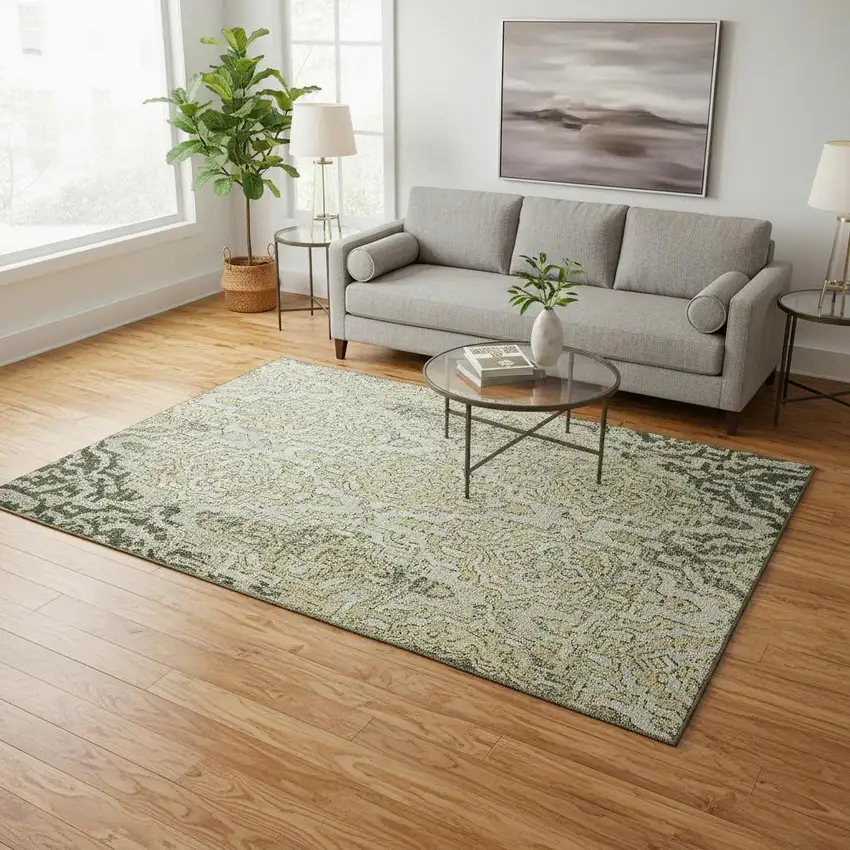 Green Beige And Taupe Medallion Washable Area Rug With UV Protection Photo 1