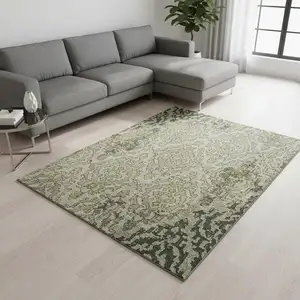 Photo of Green Beige And Taupe Medallion Washable Area Rug With UV Protection