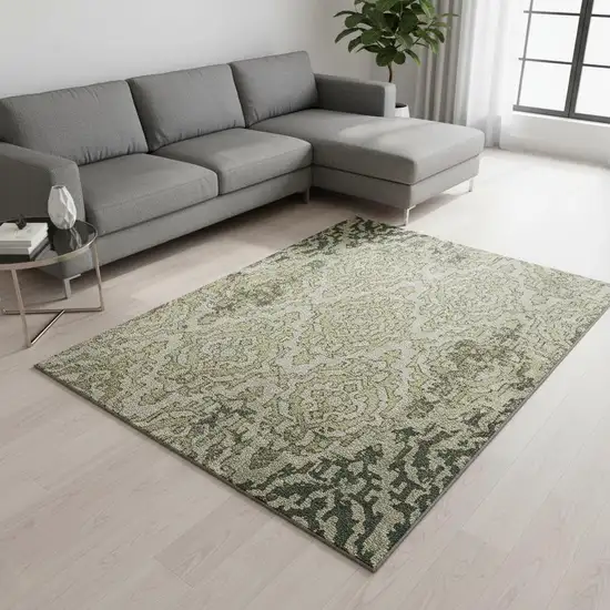 Green Beige And Taupe Medallion Washable Area Rug With UV Protection Photo 1