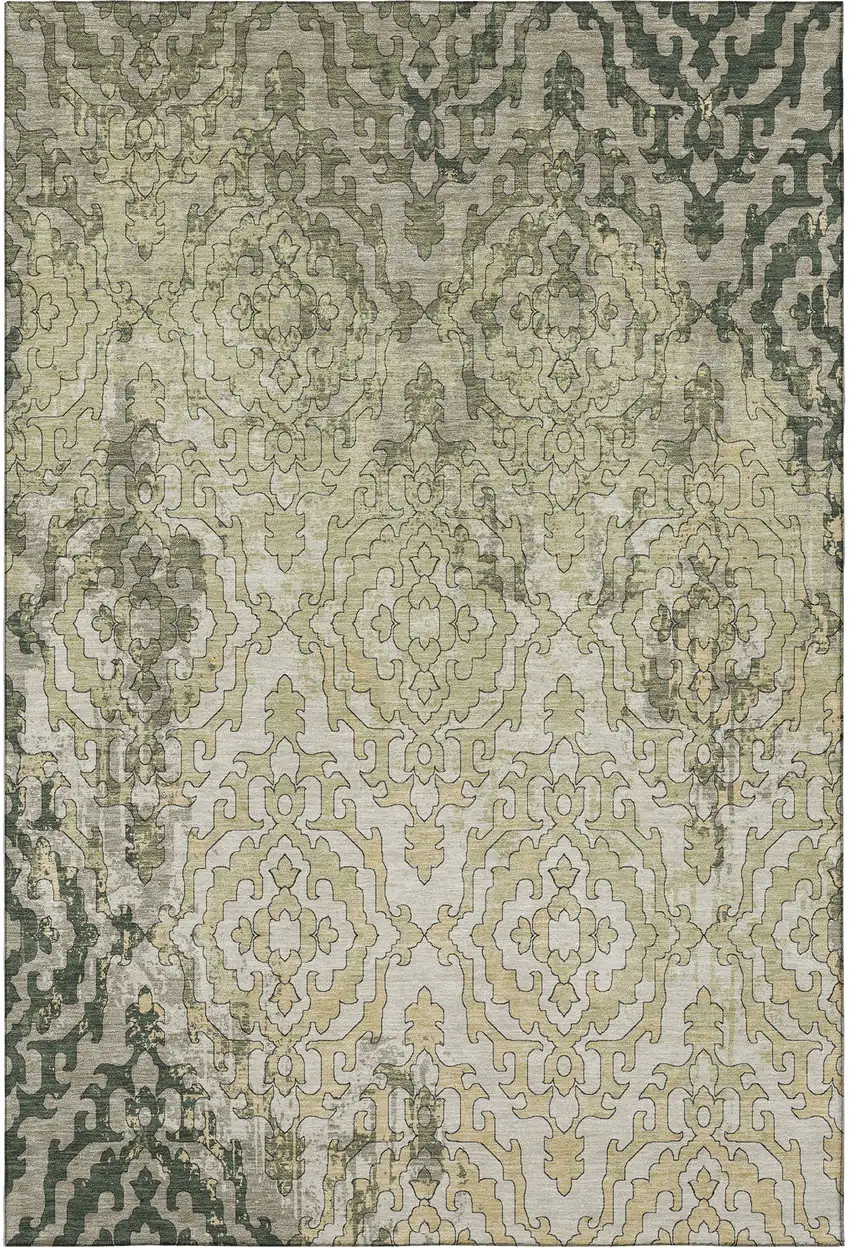 Green Beige And Taupe Medallion Washable Area Rug With UV Protection Photo 5