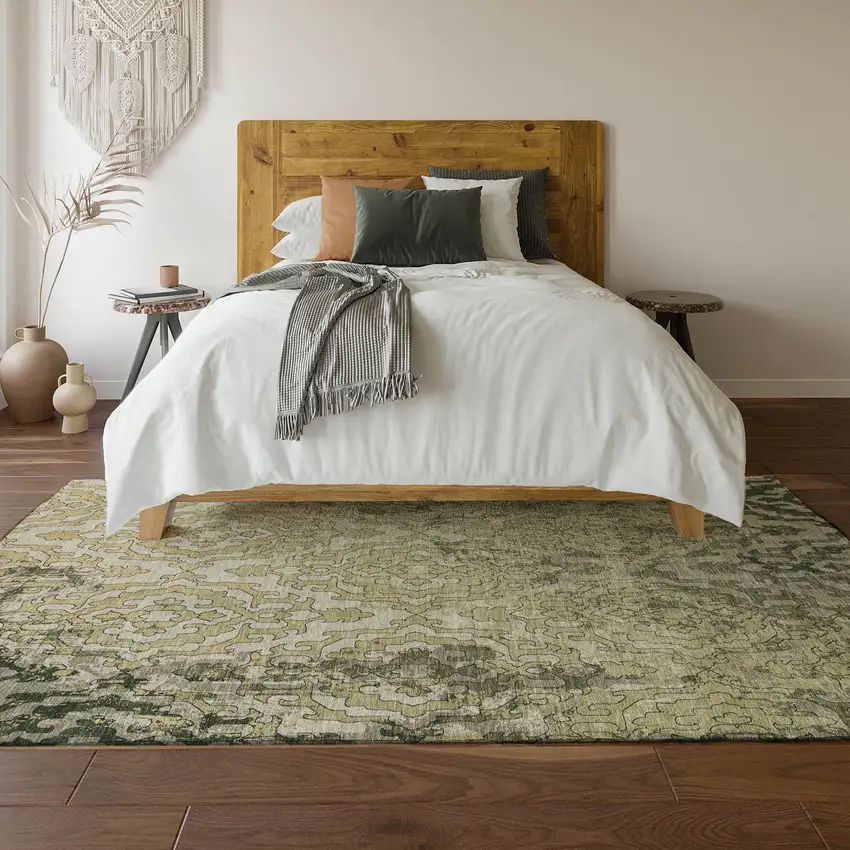 Green Beige And Taupe Medallion Washable Area Rug With UV Protection Photo 7