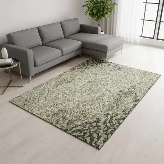 Green Beige And Taupe Medallion Washable Area Rug With UV Protection Photo 1
