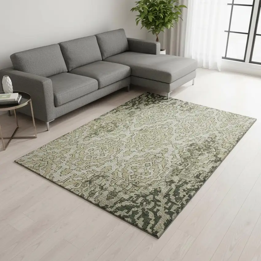 Green Beige And Taupe Medallion Washable Area Rug With UV Protection Photo 1