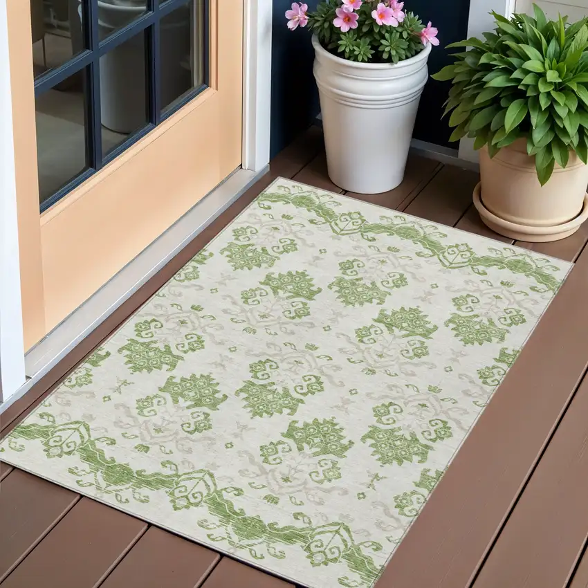 Green Beige And Taupe Oriental Washable Indoor Outdoor Area Rug Photo 1