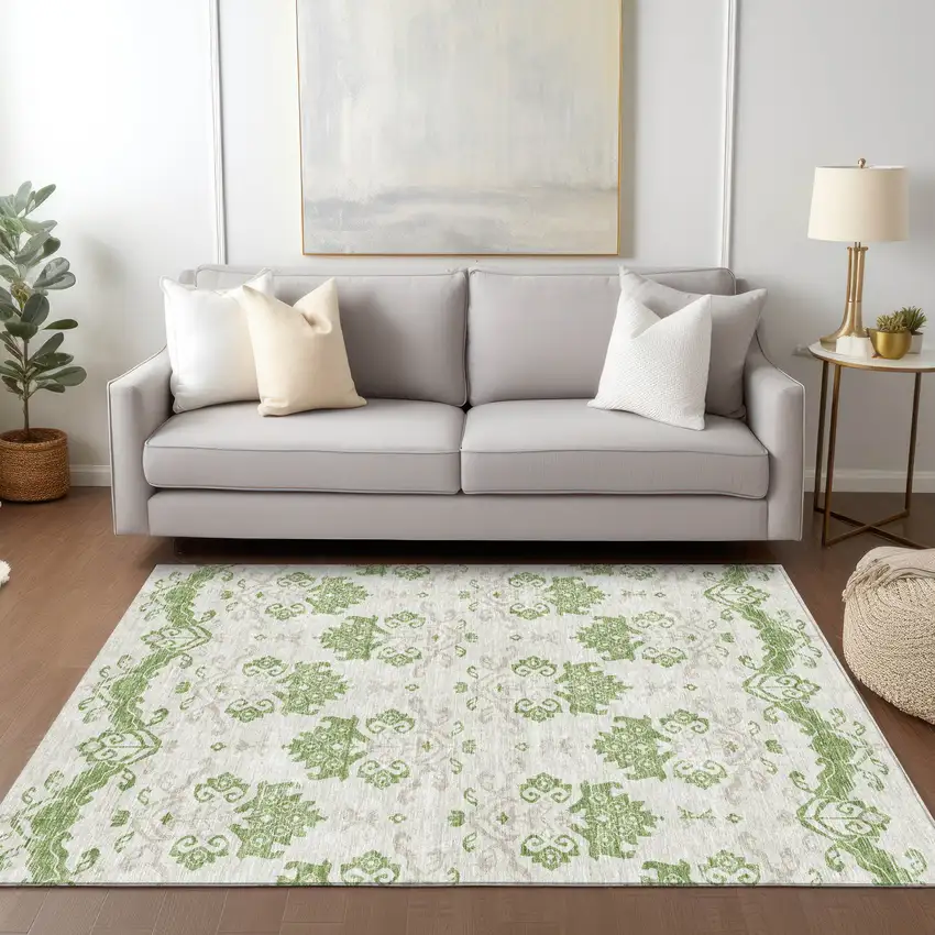 Green Beige And Taupe Oriental Washable Indoor Outdoor Area Rug Photo 8