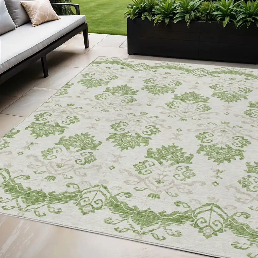 Green Beige And Taupe Oriental Washable Indoor Outdoor Area Rug Photo 1