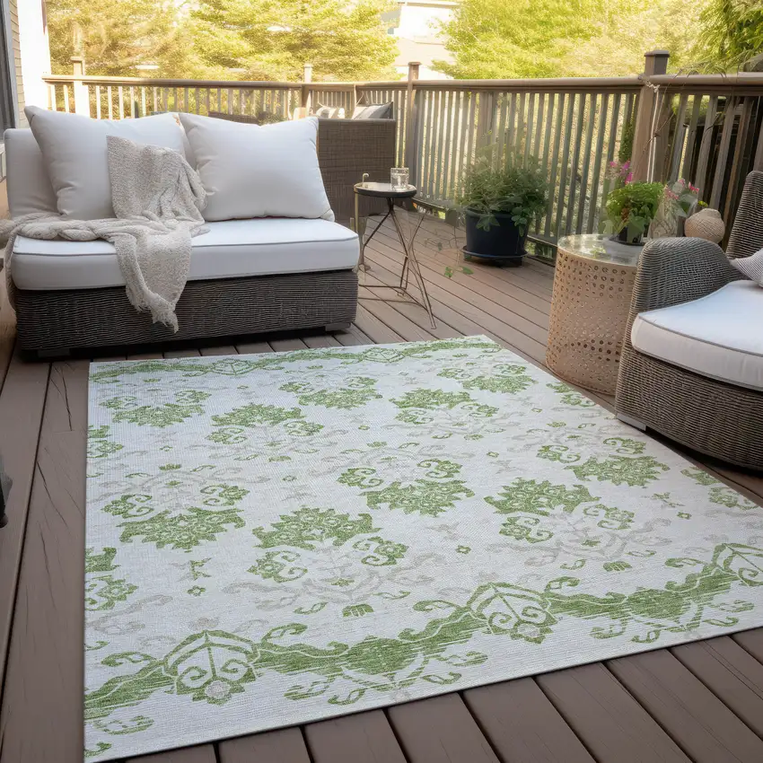 Green Beige And Taupe Oriental Washable Indoor Outdoor Area Rug Photo 8