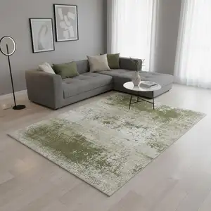 Photo of Green Beige And White Abstract Washable Area Rug With UV Protection