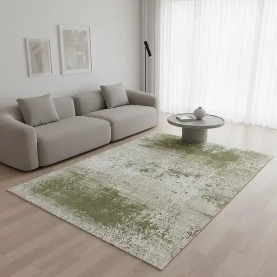 Green Beige And White Abstract Washable Area Rug With UV Protection Photo 1