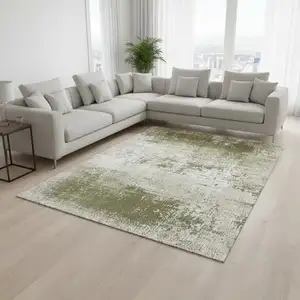 Photo of Green Beige And White Abstract Washable Area Rug With UV Protection