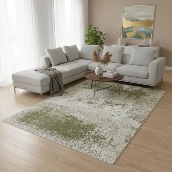 Green Beige And White Abstract Washable Area Rug With UV Protection Photo 1