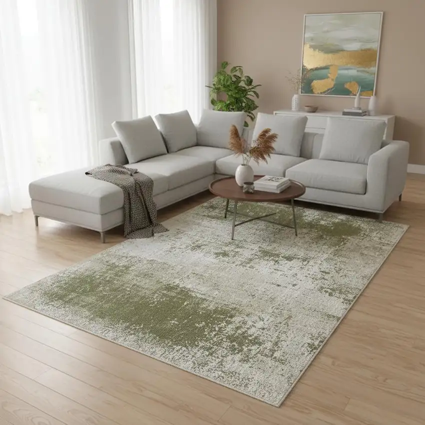 Green Beige And White Abstract Washable Area Rug With UV Protection Photo 1